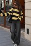 Women's Black Yellow Thick Striped Crew Neck Oversize Sweatshirt - 2