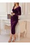 Women's Long-Sleeve Double-Breasted Neck Gathered Waist Midi Velvet Dress - 2