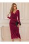 Women's Long-Sleeve Double-Breasted Neck Gathered Waist Midi Velvet Dress