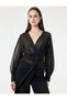 Women Black Textured V-Neck Long Sleeves Top - 2