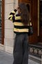 Women's Black Yellow Thick Striped Crew Neck Oversize Sweatshirt - 4