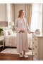 New Season Beige Winter Square Patterned Shawl Collar Full Length Easy Breastfeeding Design Long Sleeve Maternity Nightgown Set