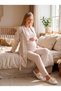 New Season Beige Winter Patterned Shawl Collar Breastfeeding Compatible Design Long Sleeve Maternity Pajama Set - 2