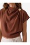 Women Brown Plain Cowl Neck Short Sleeves Top - 4