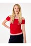 Women Red Plain Cold Shoulder Short Sleeves Top - 2