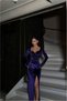 Velvet Long-Sleeved V-Neck Dress with Slits · Color: Light Purple · Size: L BX - 2