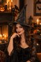 Halloween Halloween Witch Hat Luxury Black Leather Look Curled Tip Wide Brim Model - 2