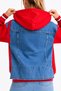 Women's Casual Red Hooded Jacket with Denim Trim - 6