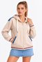 Women's Casual Beige Hooded Jacket with Denim Trim - 3