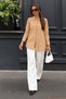 Women's Oversize Long Sleeve Basic Beige Shirt - 4