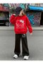 Hooded Ribbon Cat Printed 100% Cotton 3 Yarn Spanish Cuff Winter Pocketless Girls' Tracksuit Set - 2