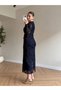 Women's Navy Blue V-Neck Lined Flocked Tulle Midi Length Evening Dress Graduation Dress - 5