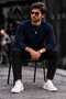 Men's Crew Neck Plain Pattern Ribbed Knitwear Navy Blue Sweater - 4