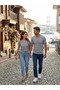 Luxury Gold Series |   Luxury V-Neck Striped Ribbed Regular Fit Lycra Single Jersey Men's T-Shirt - Gray Melange / Blue - 3