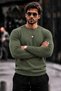 Men's Crew Neck Plain Pattern Ribbed Knitwear Green Sweater - 5