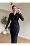 Women's Navy Blue V-Neck Lined Flocked Tulle Midi Length Evening Dress Graduation Dress - 3