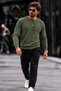 Men's Crew Neck Plain Pattern Ribbed Knitwear Green Sweater - 3