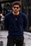 Men's Crew Neck Plain Pattern Ribbed Knitwear Navy Blue Sweater - 2