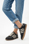 Pelores Side Striped Double Face Genuine Leather Women's Sports Shoes Black Skin - 6