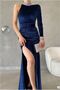 Flexible Slit Dress Shoulder Evening Dress Single Satin Fabric · Color: Navy Blue · Size: m Bsk2026 - 2
