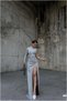 Straight, Long, Stone-Print Evening Gown with Collar Detail and Sleeve Detail · Color: Blue · Size: L BX - 5