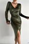 V-Slit Dress with Sleeves, Evening Gown, Long Neckline · Color: Black · Size: S BX