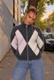Women's Diamond Patterned High Collar Zippered Knitwear Cardigan