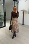 Belted Asymmetrical Cut Glittery Camel Patterned Chiffon Skirt