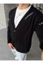 Contrast Stitching Detailed Oversize V-Neck Knitwear Cardigan t Black - 3