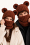 Unisex Puffy Balaklava with Ears Knitted Hood Neck Collar Brown Winter Beanie 1 Piece