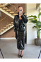 Black Shiny Leather Jacket Maxi Skirt Set - 1151 - 4