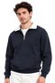 Navy Blue Men's Stand Collar Oversize Sweatshirt |   Collar Detailed 3 Thread Raster Model with Fleece Inside |   Color Blocked Off-Shoulder Long Sleeve |   Winter Sport Stylish Men's Clothing |   Modern Wide Cut