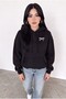 Women's Oversized Hooded Sweatshirt with Bow Print and Kangaroo Pocket, Black, Brushed Inside with Sherpa Lining