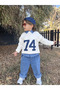 Boy's 74 Printed Ecru Sweatshirt, Blue Striped Shirt and Loose-Fit Jeans 3-Piece Set
