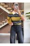 Olive Polo Collar Wool Textured Striped Half Sleeve Knit Sweater - 1289
