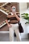 Brown Polo Collar Wool Textured Striped Half Sleeve Knit Sweater - 1289