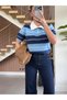 Blue Polo Collar Wool Textured Striped Half Sleeve Knit Sweater - 1289 - 4