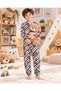 Boy's checkered and teddy bear print cream-colored long-sleeve cotton pajama set - 6
