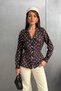Women's Brown White Polka Dot Double Pocket Elastic Waist Shirt Blouse - 3