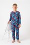 100% Cotton Interlock Fabric Boys' Pajama Set Blue Red Stripe Adventure Pattern Combed Cotton