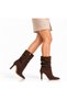 Kç Style Women's Brown Suede Bellows Thin Heeled Zippered Gathered Pointed Toe Style Boots - 2