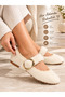 Women's Plush Textured Gold Buckle Ballerina Shoes