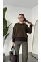 Women's Brown Striped Crew Neck Knitwear Sweater Low Shoulder Oversize Stripe Patterned Sweater - 7