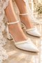 Pearl Grace Women's Pearl and Satin Ribbon Detailed Thick Heeled Evening Dress Wedding Bridal Shoes - 6 cm - 3