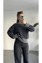 Women's Gray Blue Striped Crew Neck Knitwear Sweater Low Shoulder Oversize Stripe Patterned Sweater - 4