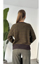 Women's Brown Striped Crew Neck Knitwear Sweater Low Shoulder Oversize Stripe Patterned Sweater - 5