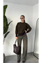 Women's Brown Striped Crew Neck Knitwear Sweater Low Shoulder Oversize Stripe Patterned Sweater - 3