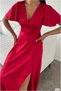 Satin V Sleeve Fabric Collar Short Dress - 2