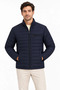 Men's stand collar water repellent puffer quilted three-pocket jacket - navy blue