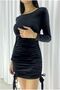 Velvet Gathered Evening Dress with Stand Collar Fabric Collar Dress - 3
